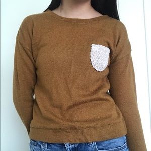 Women's Brown Knit Sweater with White Pocket
